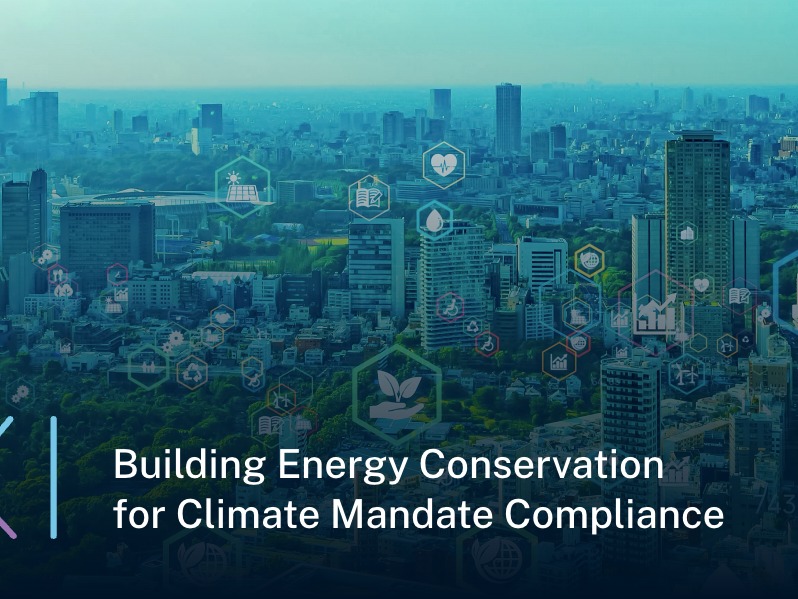 LEXI: city skyline overlaid with building energy and sustainability icons.