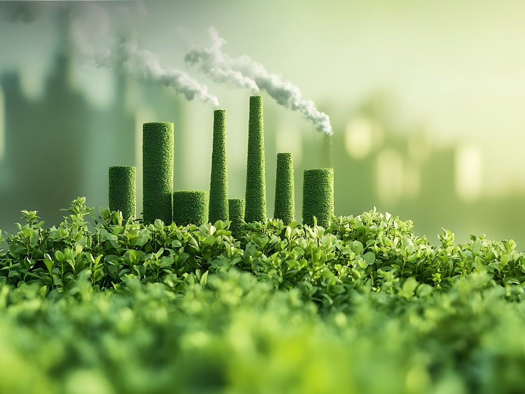 Traxo sustainability reporting concept: green chimney stacks over foliage